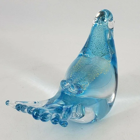 Hand Blown Art Glass Aqua Blue Gold Aventurine Bird Dove Figurine - Picture 3 of 6